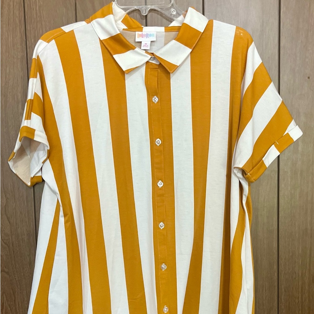LuLaRoe Charlie Gold and White Striped Button Down Shirt